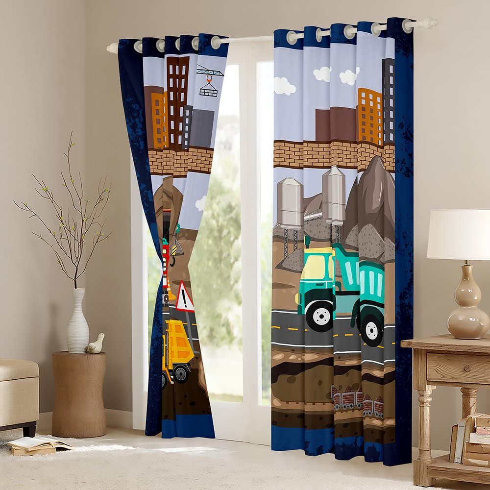 Cortinas Opacas para excavadoras de construcción de Dibujos Animados (30% – 50% – Cortina de vehículos para maquinaria Bulldozer Crane oscurecimiento Ventana Dreapes tratamientos de Ventana W66 x L