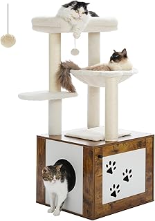 PAWZ Road Cat Tree with Litter Box Enclosure, 46" Modern Cat Tower Wood with Super Large[Dia 15.7"] Hammock, Cat Condo with Cat Scratching Posts, Big Removable Top Perch & Dangling Ball, Rustic Brown