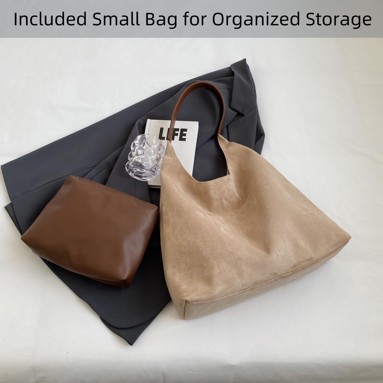 QLM-bty Suede Tote Bags for Women Large Slouchy Bag Retro Suede Purse Soft Hobo Handbag Office Shoulder Bag