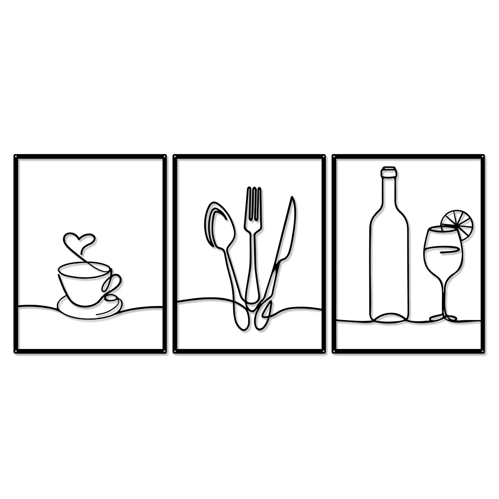 Wlicon 3 PCS Metal Kitchen Wall Art Minimalist Line Kitchen Wall Hanging Signs Coffee Cup Metal Walls Art for Dining Room Shop Office Home Farmhouse Decoration