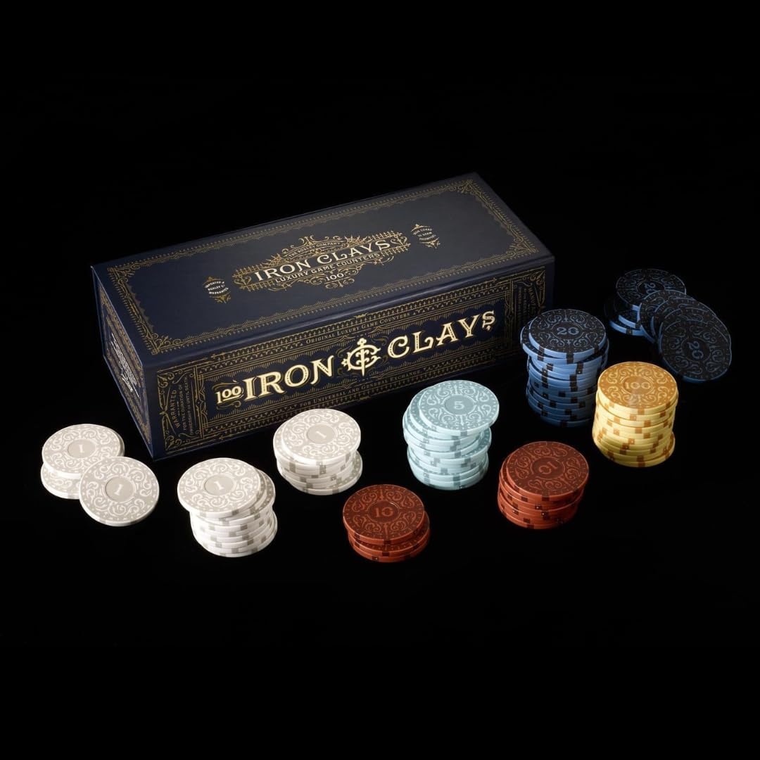 Roxley Games | Iron Clays 100 | Luxury Gaming Chip Set Accessory For Tabletop Games and Poker, Vintage Design, Magnetically Sealed Box, Stackable Tray | 2 Players | 20 To 40 Minutes