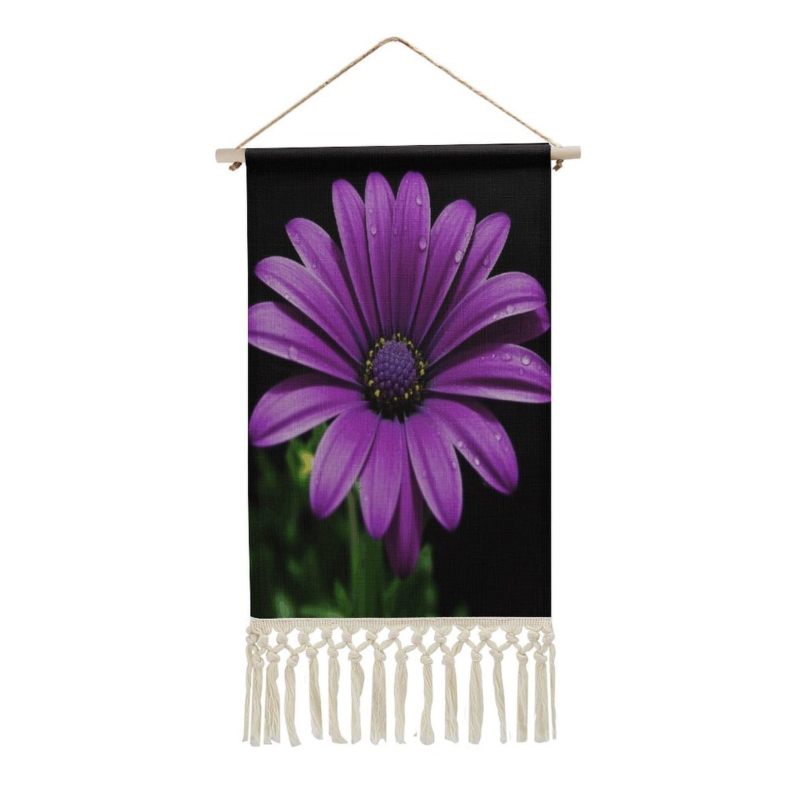 VstaDank Purple Daisy Wall Art Decor with Tassels 20"x10" Cotton Linen Hanging Tapestry Decor Wall Art Prints Wood Frame Boho Wall Art Poster for Bedroom Living Room Office