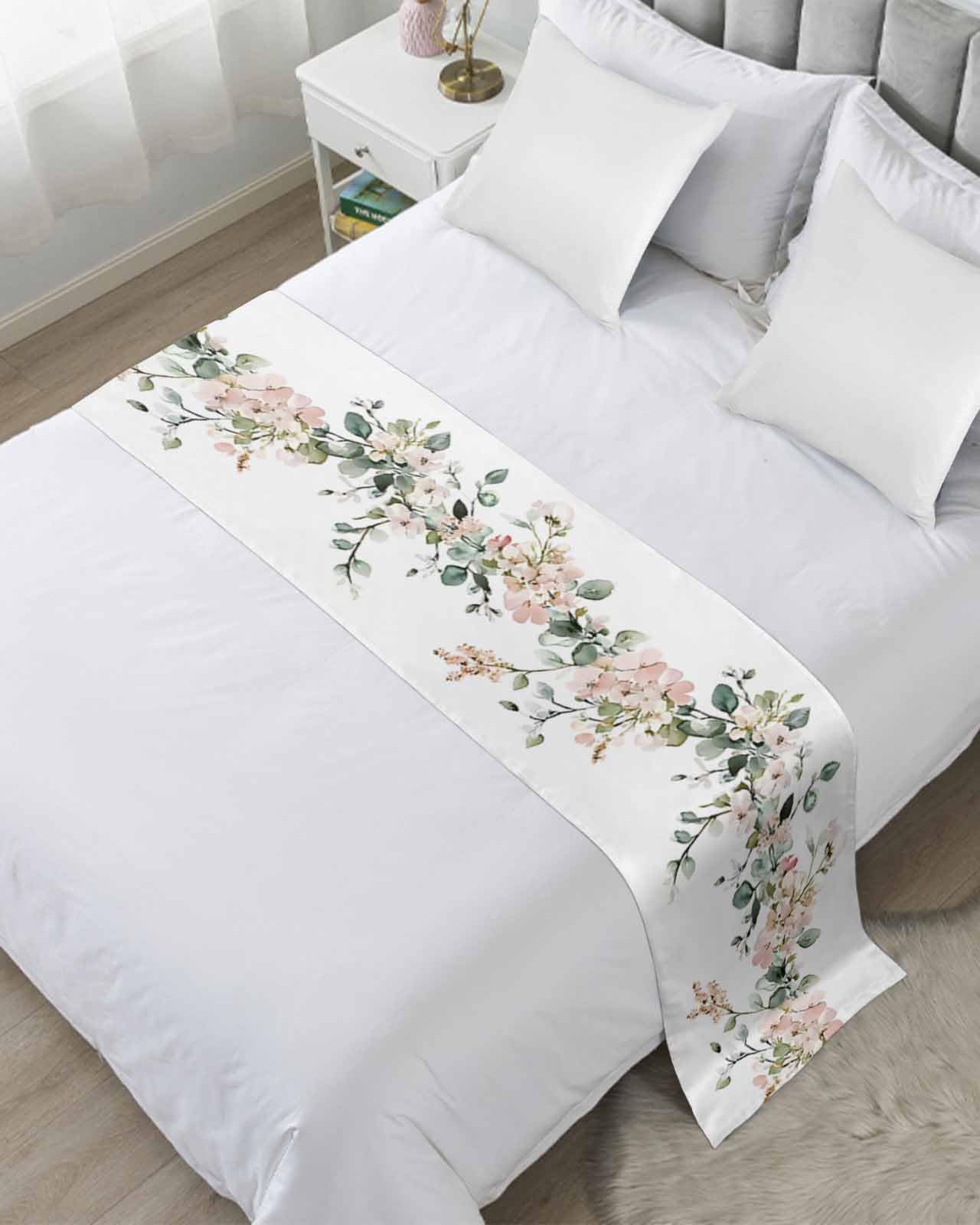 DecorLovee Eucalyptus Floral Bed Runners for Cal King Size Bed, Decorative Bed Throws for Foot of Bed, Vintage Spring Botanical Leaves Bed Runner Sofa Throw Bedding Scarf Protector for Bedroom