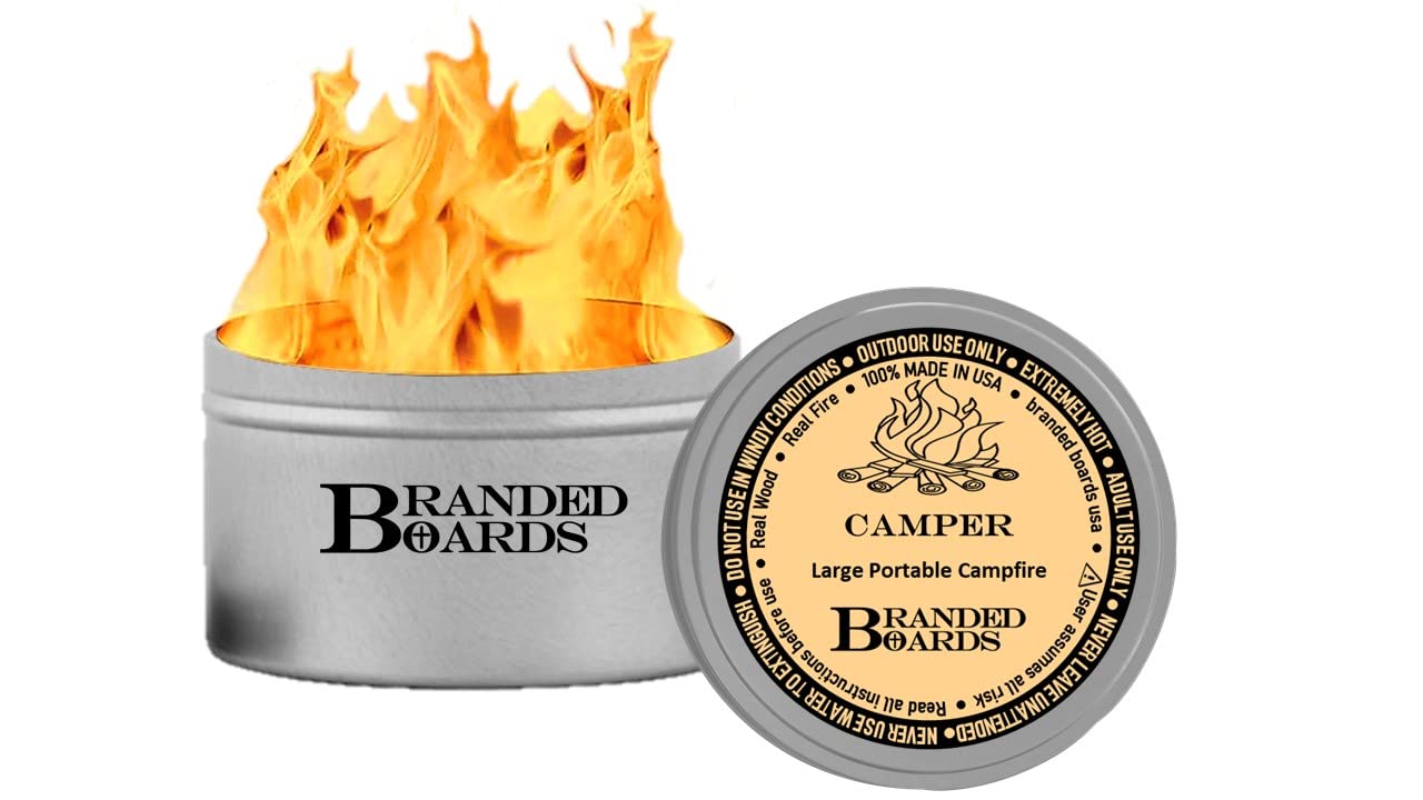 Branded Boards | Made in USA | Portable Mini Bonfire Campfire in a Can | Reusable & up to 5 Hours of Burn Time | Picnics Parties S'Mores Gifts Bushcraft Camping Survival Emergencies (Large 1-Pack)
