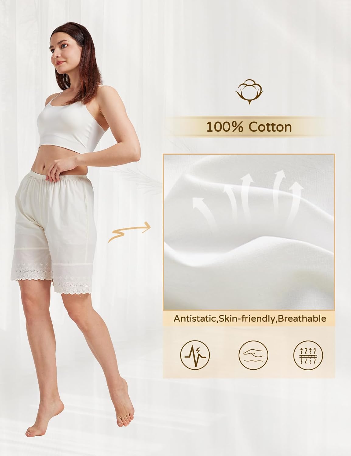 Women Cotton Pettipants for Under Dress Lace Embroidery Victorian Pajama Pants Elastic Waistline Ivory Beige - Image 2