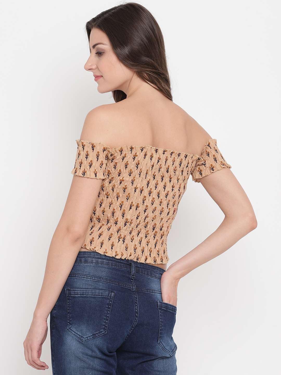 Zenvy Crafts Women's Rayon Printed Off-Shoulder Smocked Crop Top Short Sleeve Casual Styles Tank Top (Free Size) Multi41