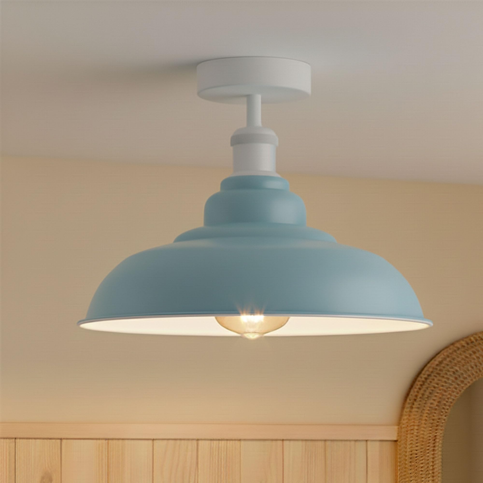 DC VOLTAGE Vintage Ceiling Light Semi Flush Mount with E27 Base 32cm Metal Lampshade Easy Fit Ceiling Light Fixture Fitting for Bedroom Kitchen Hallway Dining Room (Light Blue)