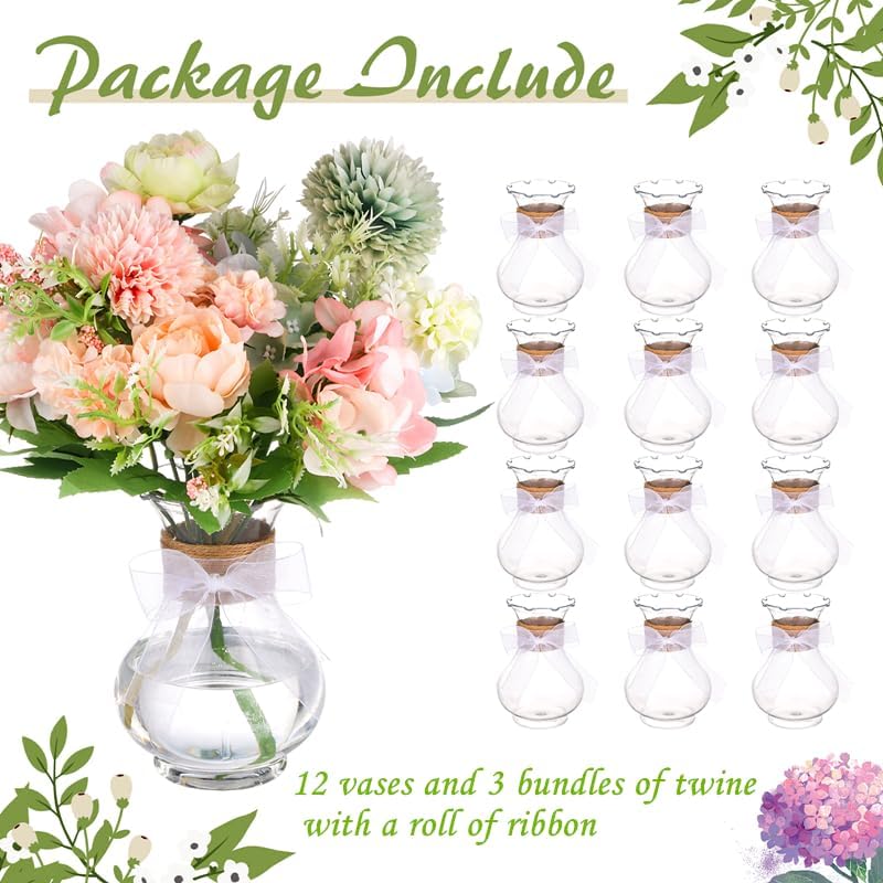 12 Pcs 5.7" Plastic Vases for Centerpieces Clear Flower Bud Vases with Hemp Rope White Ribbon Deco Hyacinth Avocado Growing Plant Containers Bud Vase Bulk for Rustic Wedding Table Decor - Image 3