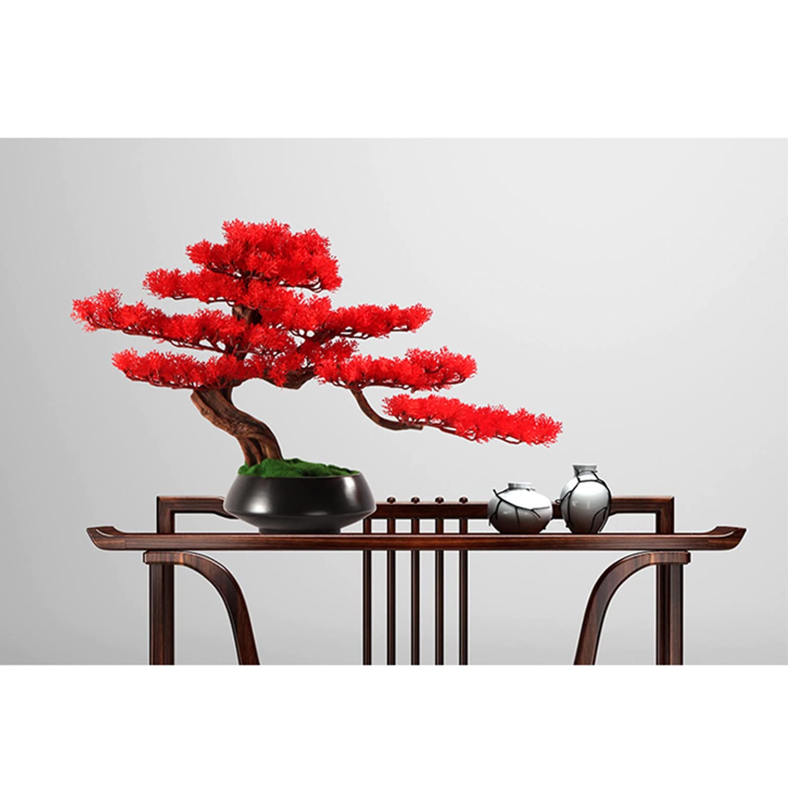 Bonsai Artificiale, Albero Bonsai Finto, 21 Pollici, Bonsai Artificiale di Pino con Tronco Realistico, Decorazione con Piante Finte, in Vaso Nero, Bonsai Finto Rosso
