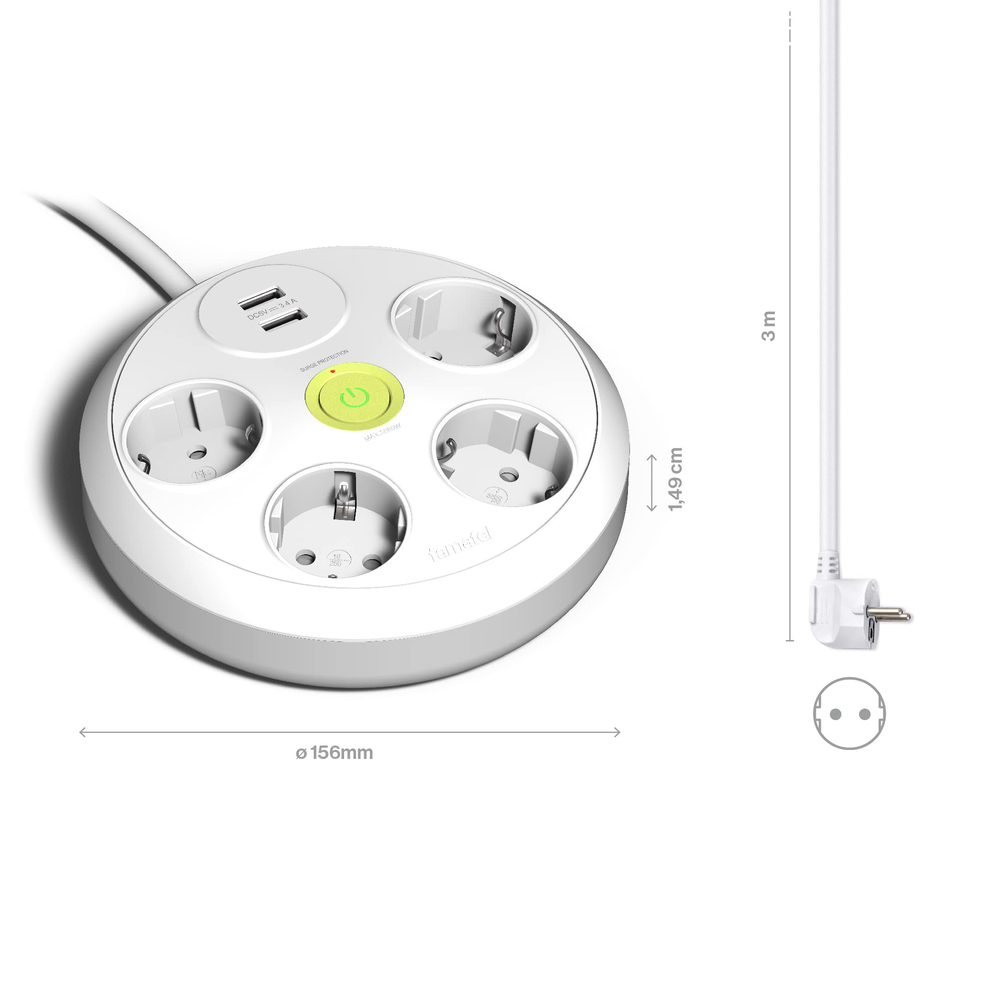 FAMATEL – Multipresa rotonda a 4 prese + 2 prese USB + interruttore | cavo da 3 m | con TT | 16 A | 250 V | Bianco | Spina USB di Ricarica Rapida | Protezione Sovratensioni