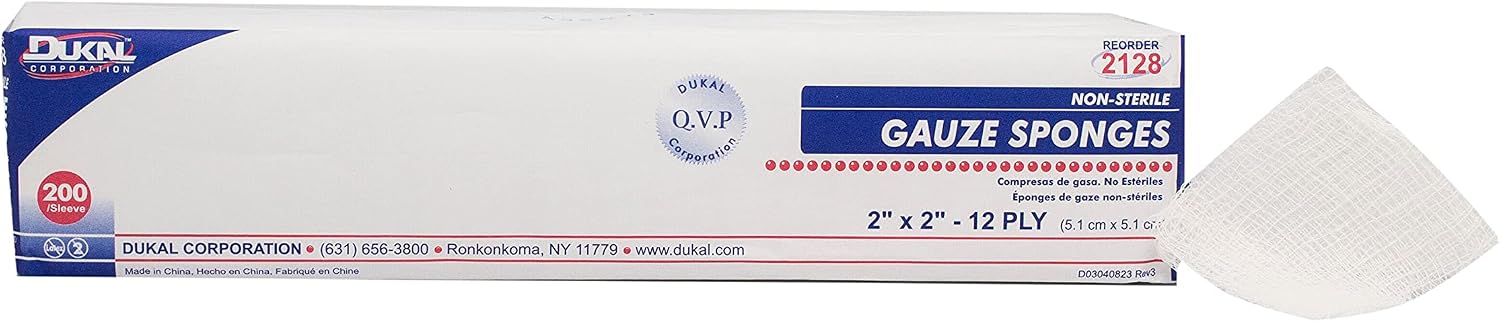 Dukal Woven Cotton Gauze Sponges, 2" x 2", NS, 12-Ply, 200 bg 2128