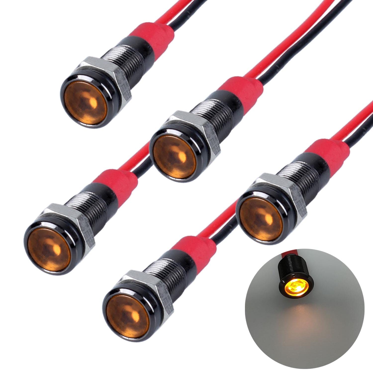 DMWD 5 Pcs 12V-24V 20mA Energy Saving LED Indicator Light Aluminium Alloy Housing 6mm (1/4") Mounting Hole Waterproof with 15cm/5.9in. Wire for Car