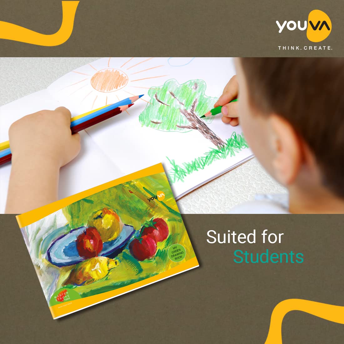 YOUVA Navneet Carnet de dessin vert | 21 cm x 29,7 cm | 56 pages | Lot de 12