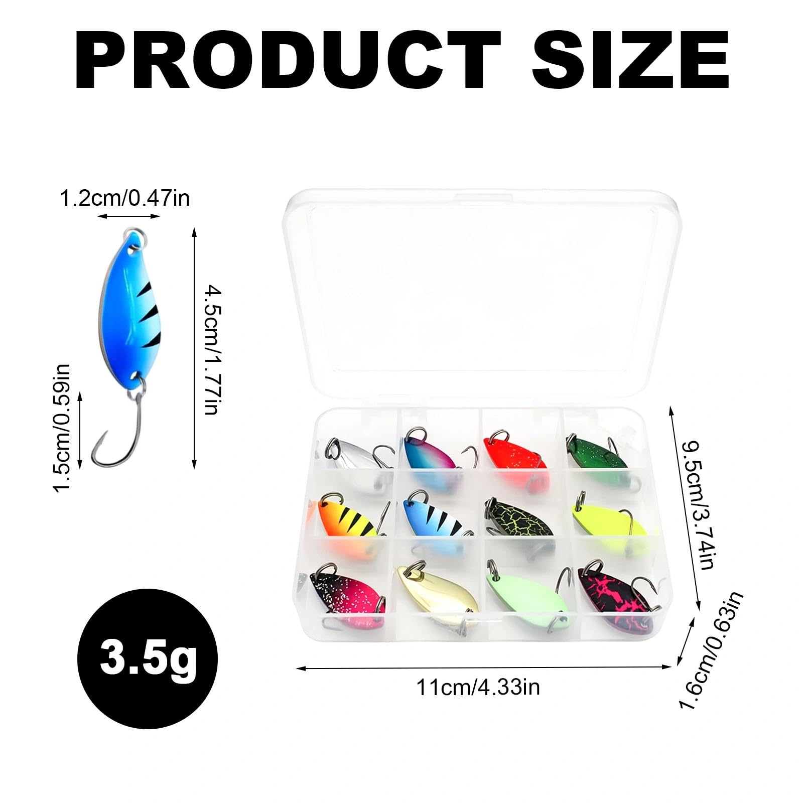 Láminas Coloridas Cucharillas Pesca, Set de 12 Señuelos Pesca, Forma de Cuchara Señuelos de Pesca para Trucha, Set de Cebos de 3,5g, Adaptado para la Pesca de Trucha, Salmón y Perca