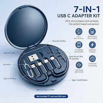 Yesimla USB C Adapter Kit, Multi Charging Cable Case Convertor USB C to iOS Device Type C Micro Adapter Data Transfer Contains Card Slot for Traveling, Use as Phone Holder(Midnight Blue)