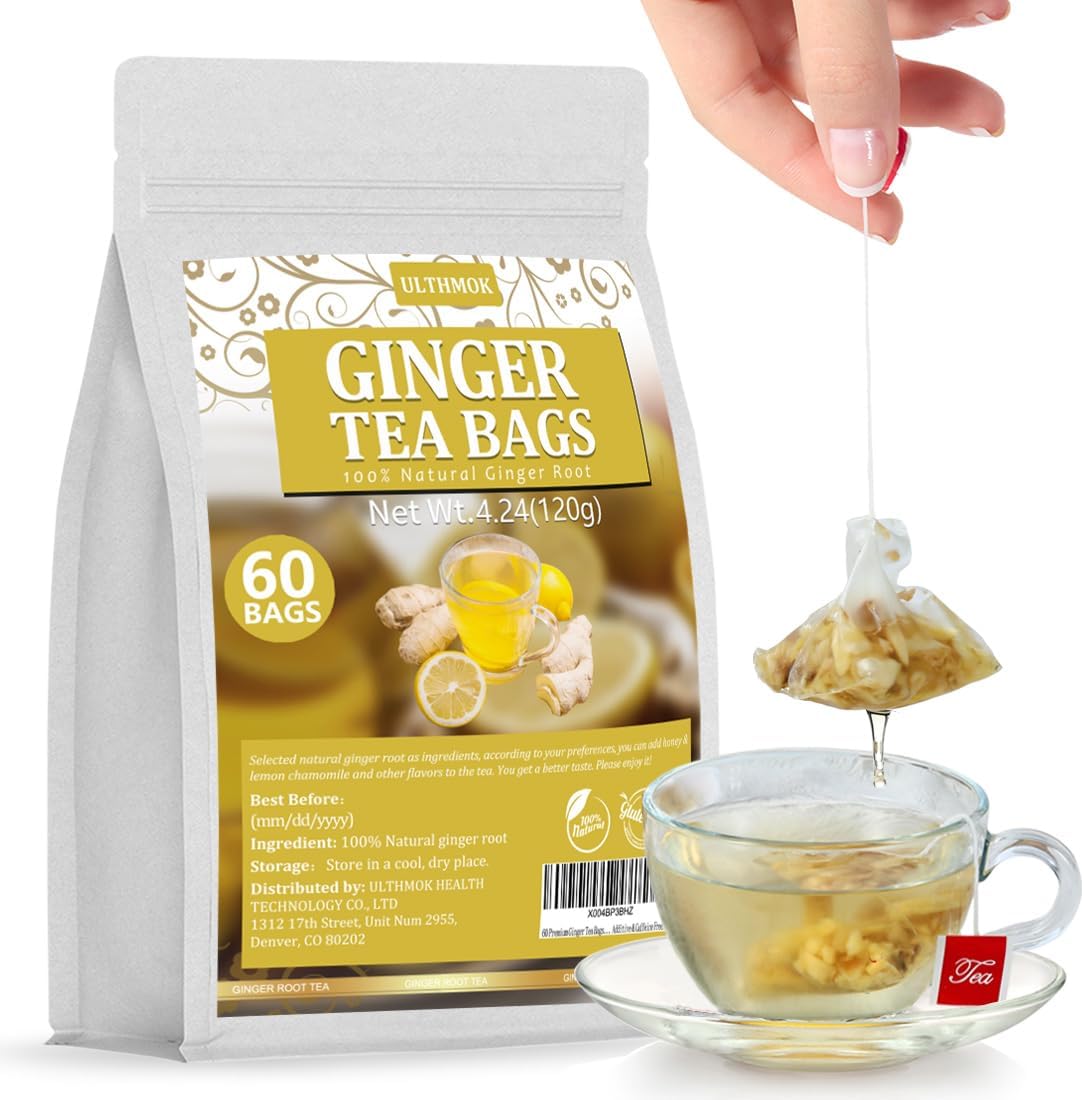 Ginger Tea Teabags, 60 Premium Bags, 100% Natural Ginger Root, No Additives, Caffeine Free, Supports Digestion & Boosts Immunity