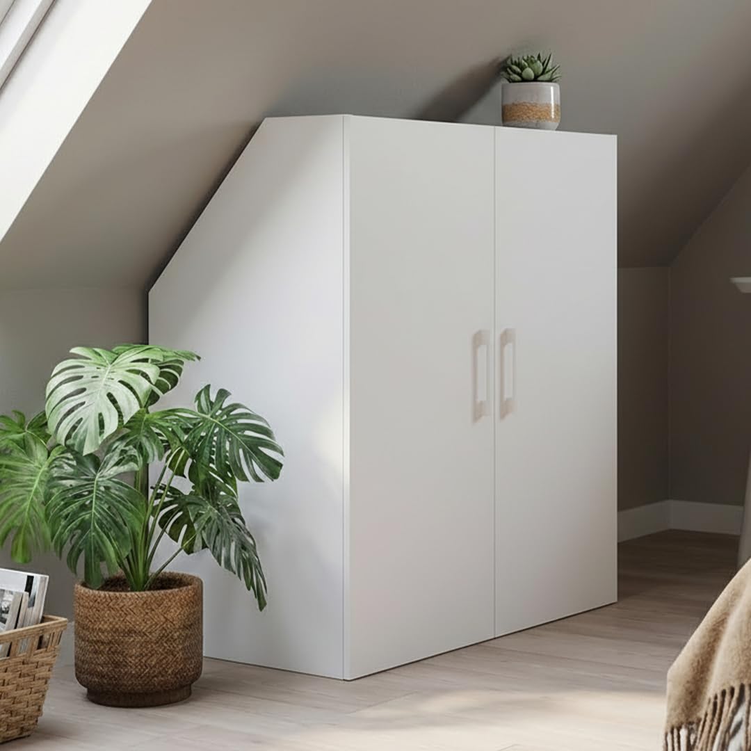 Bellamio Aland Dachschräge Regal weiß 100x90x52 HxBxT Schrank 2 Türen 3 Fächer Bücherregal Kleiderschrank
