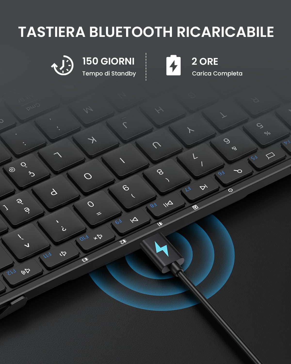 ProtoArc Tastiera Wireless Pieghevole, XK01 Tastiera Bluetooth Layout Italiana Portatile Viaggio per Android Windows iOS iPad PC Telefono Smartphone Tablet Laptop PC - Nero