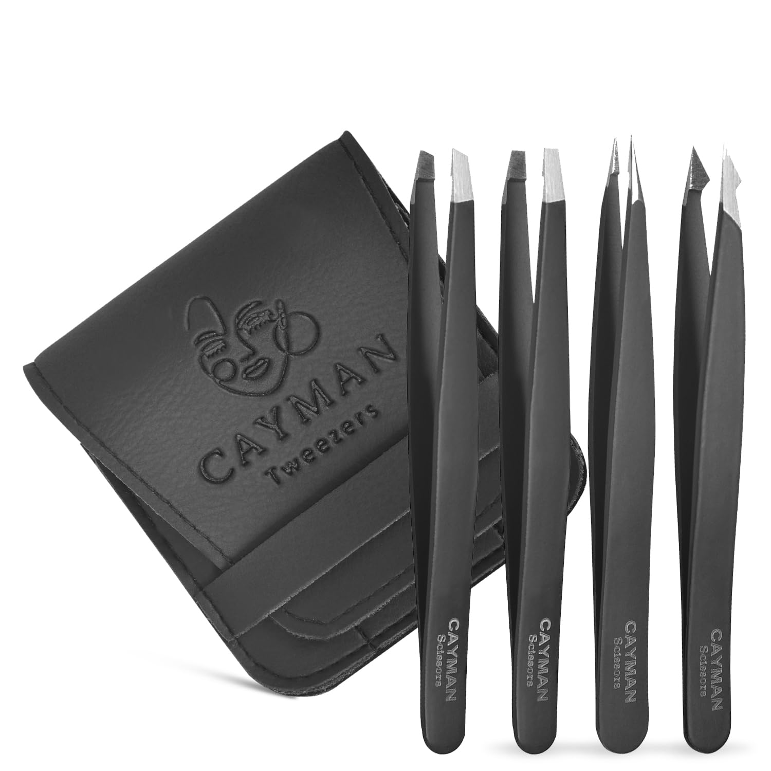 Cayman - Set di 4 pinzette da donna, professionali in acciaio inox giapponese, per viso, sopracciglia, per rimuovere schegge e peli incarniti, pinzette da uomo per la cura di precisione