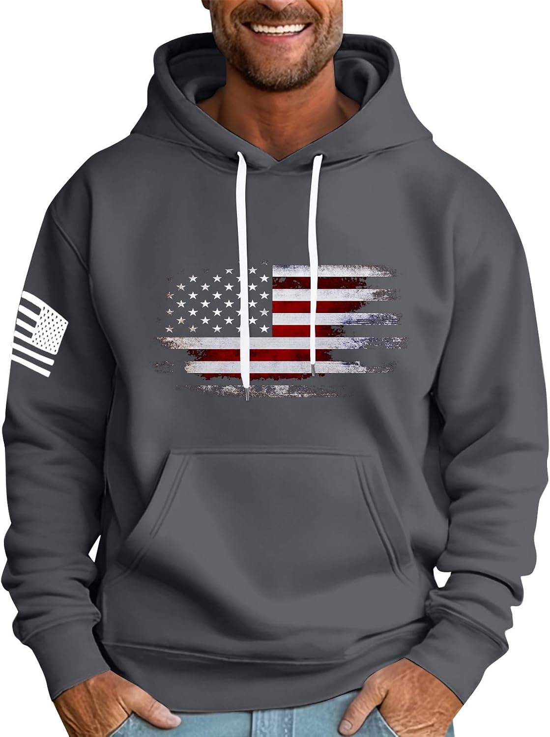 Ymosrh Men's Casual Hoodie Fall Winter Long Sleeve Flag Print Pullover Hooded Sweatshirts with Pockets, M-6XL