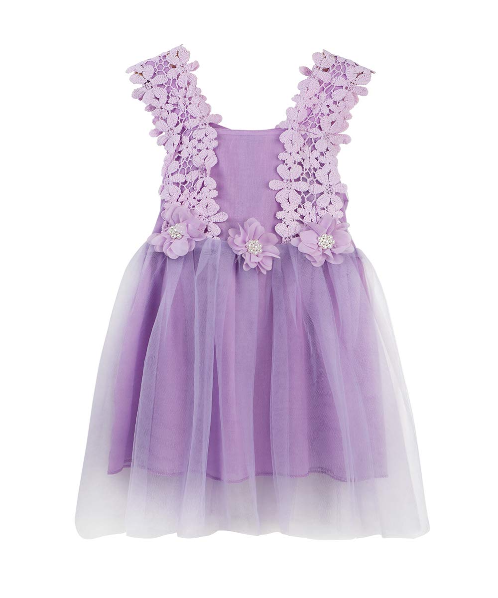 Baby Girls Tutu Dress Toddler Sleeveless Flower Crochet Lace Straps Tulle Sundress Purple 100CM