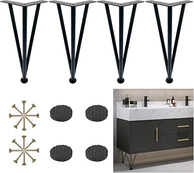 Desk Legs Hairpin Table Legs, Furniture Legs Adjustable, Metal Sofa Legs, Cabinet Legs, Desk Legs, Furniture Feet with Screws, DIY Replacement Legs, Black/Gold/Silver, 4 Pcs,Black-10cm/3.9in