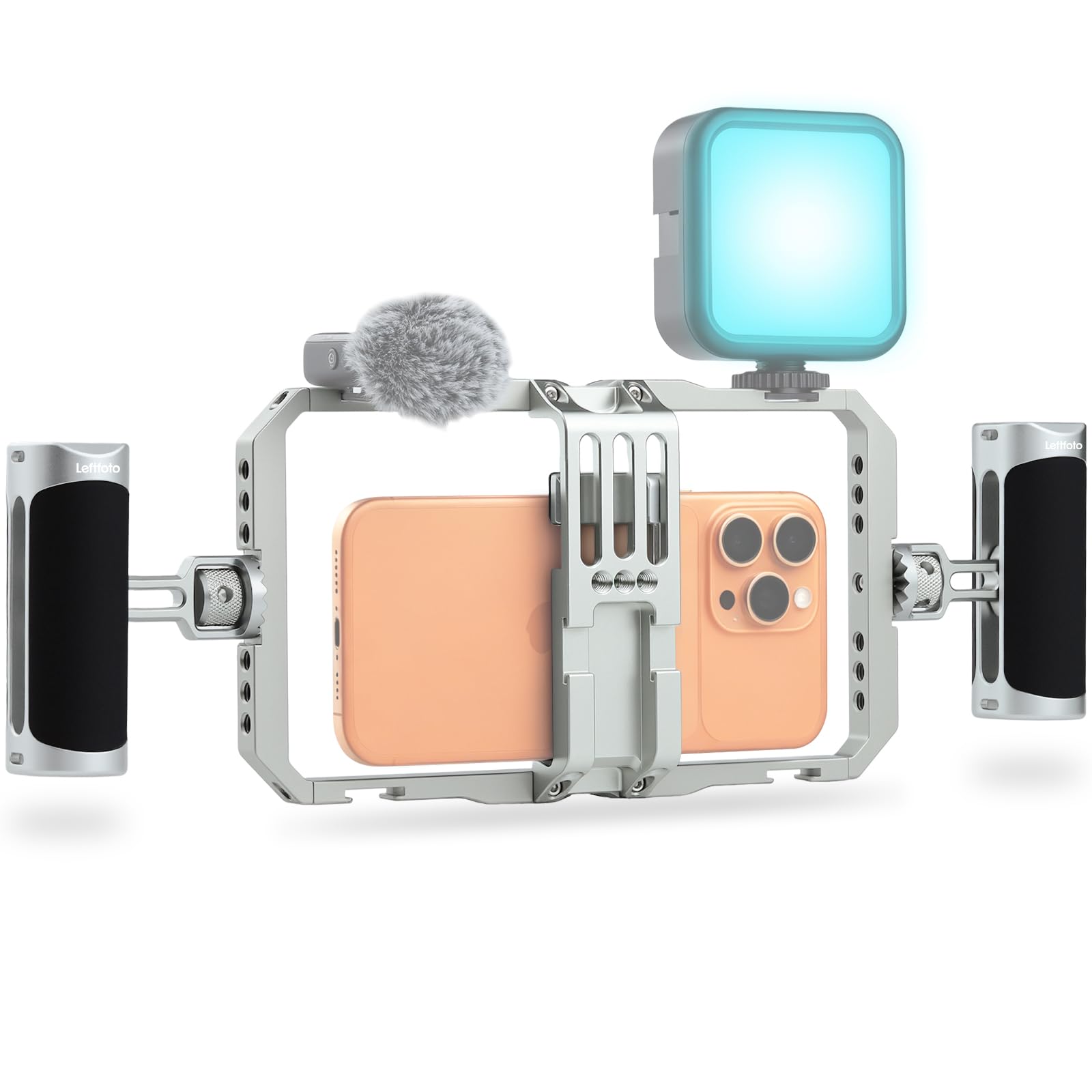 Leftfoto Gabbia stabilizzatore universale in alluminio per smartphone, con doppie maniglie per iPhone 16 15 Mini Pro Max 8 Plus per Samsung per Huawei Mate, per vlogging/riprese video