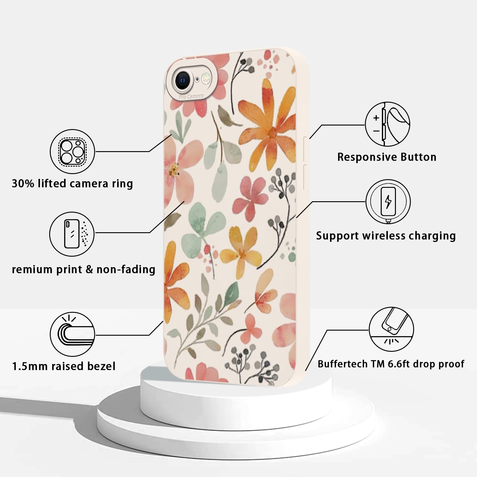Kueqeay Etui ze smyczą do iPhone 7/8/iPhone SE 2022/SE 2020 4,7" miękki TPU wzór etui kwiat biały ze sznurkiem naszyjnik silikonowy futerał ochronny na telefon komórkowy okrągły dekolt, 01