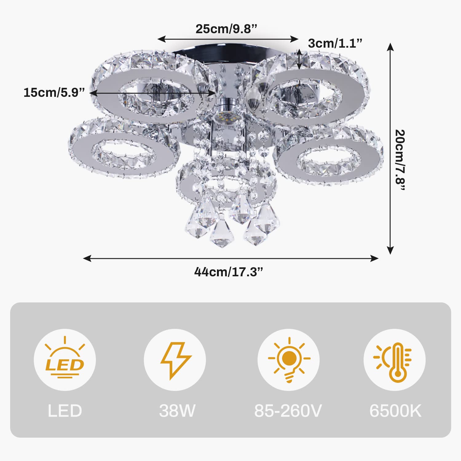 Finktonglan Kristall LED Deckenleuchte 5 Ringe Moderne Kronleuchter Edelstahl Pendelleuchte Leuchte für Foyer Wohnzimmer Esszimmer Schlafzimmer (Kaltes Weiß)
