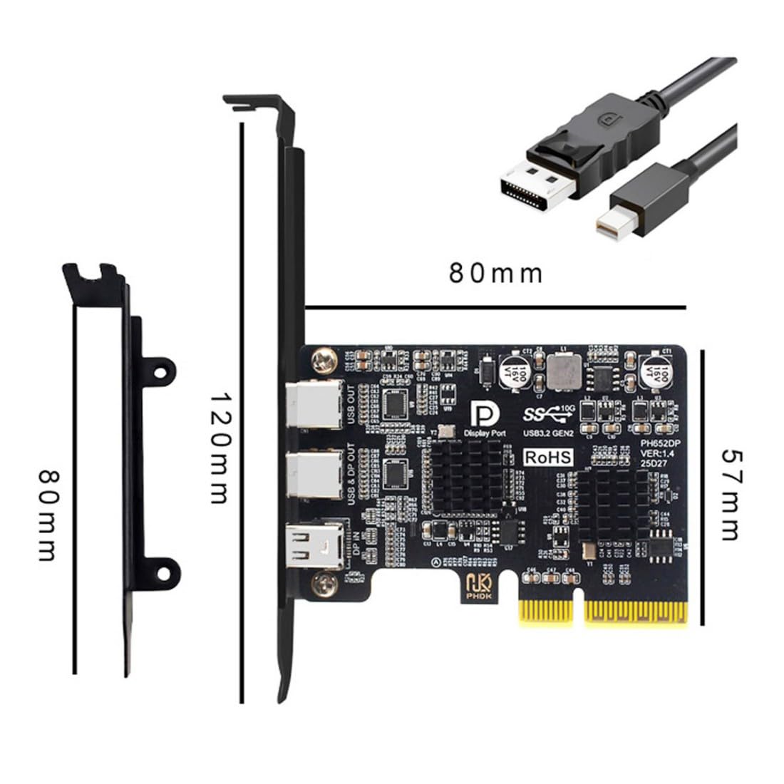 chenyang 2 ports PCI-E 3.0 4X et Mini DisplayPort vers 2 USB C Vidéo Carte d'extension Graphique Prend en charge USB 3.2 10 Gbit/s Transfert de données DP1.4 Sortie vidéo