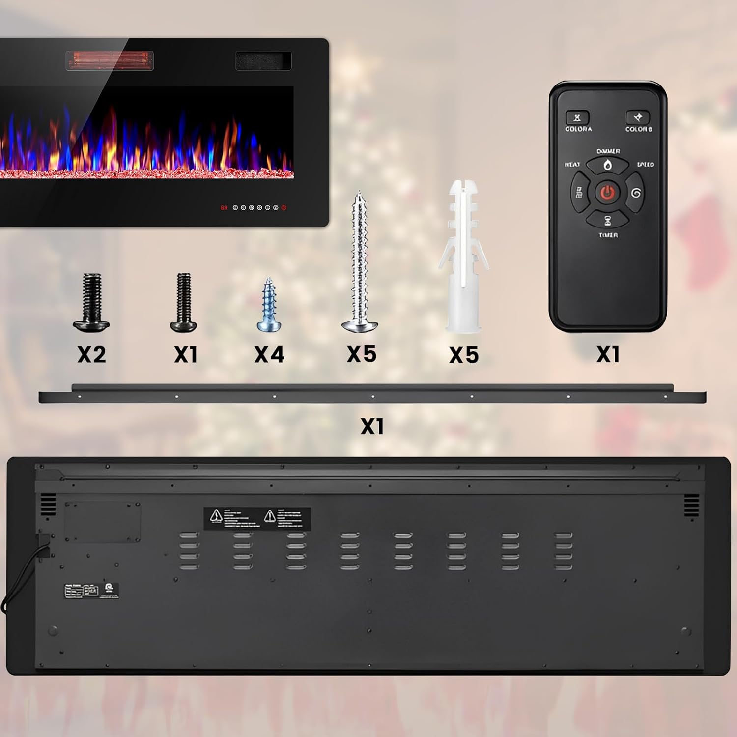 Electactic Electric Fireplace 42 inch, Recessed and Wall Mounted Electric Fireplace with Remote Control, Fireplace Heater, Linear Fireplace with Timer, Adjustable Flame Color, 750w/1500w, Black