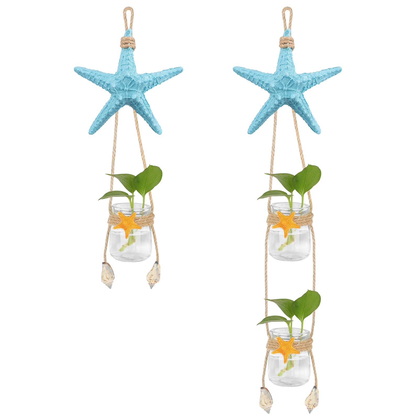 Meching Meching Wall Hanging Planter Glass, Wall Hanging Plant Vase Set of 2, Nautical Beach Decor Plant Propagation Wall Hanging of Resin Starfish Indoor Wall Decor Mediterranean Style Home Decor