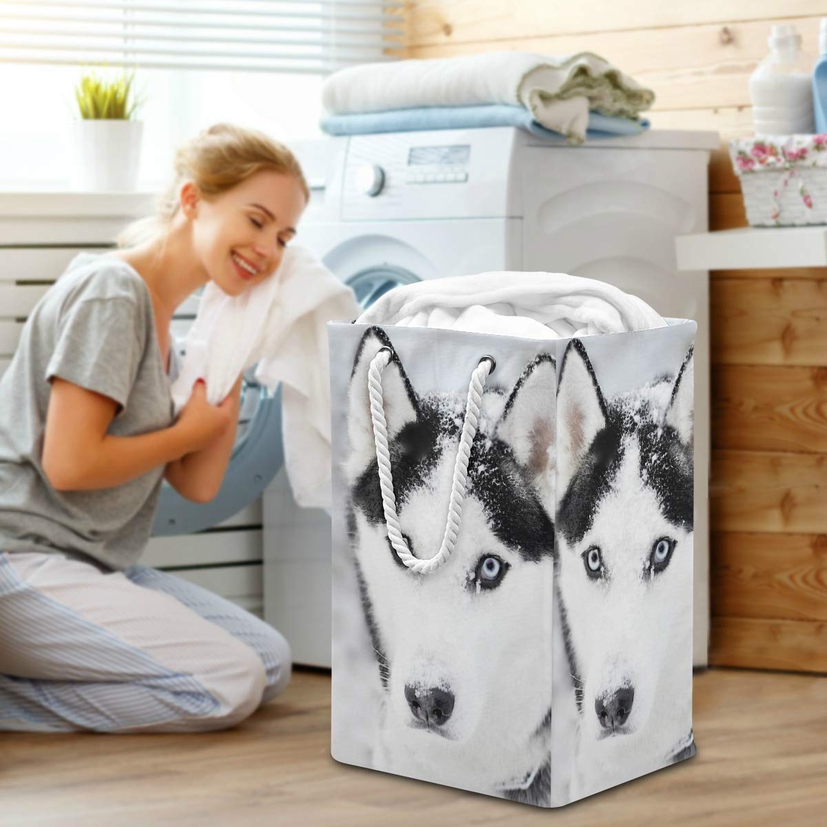 Großer Wäschesack mit Husky-Motiv, freistehend, faltbar, mit Tragegriffen