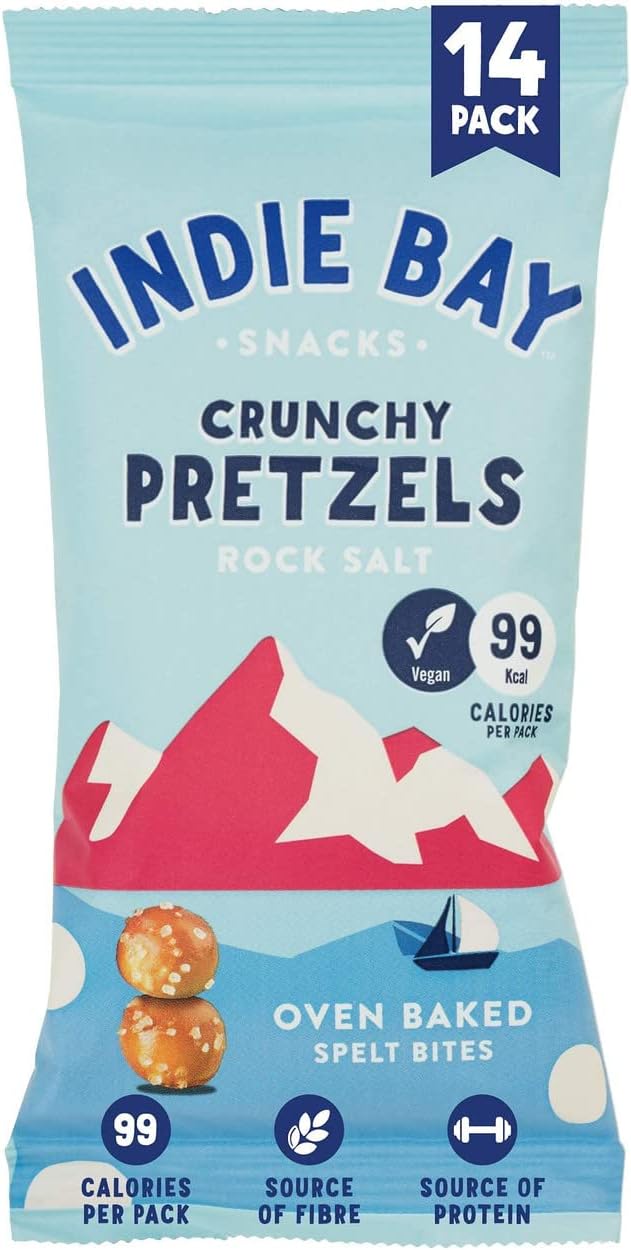 Indie Bay Snacks - Spelt & Rock Salt Pretzels (14 x 26g) - 100% Vegan Snacks - Low Calorie Snacks - Healthy Snack - Source of Fibre & Plant based Protein - No Added Sugar