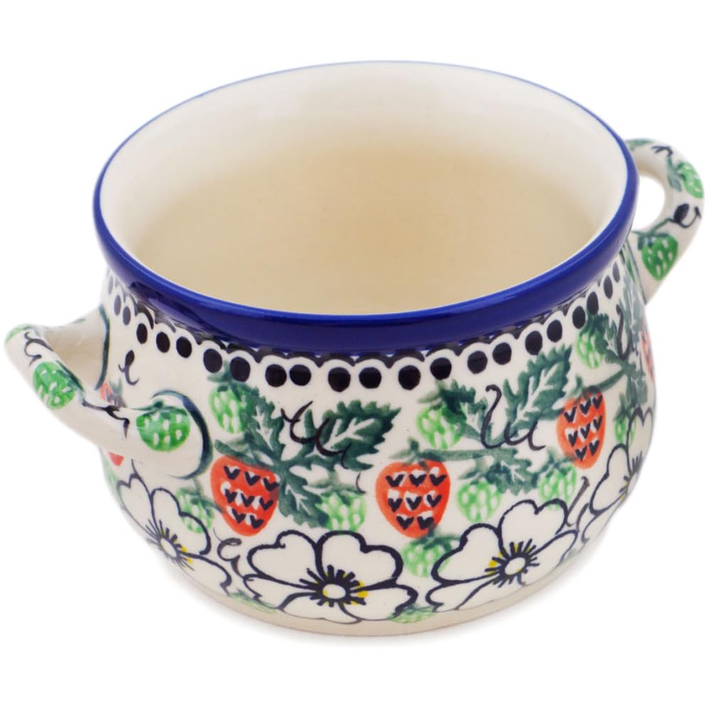 Authentic Polish Pottery Bouillon Cup Signature UNIKAT in Strawberries And Cream Design Handmade in Boles?awiec Poland by Ceramika Artystyczna + Certificate of Authenticity