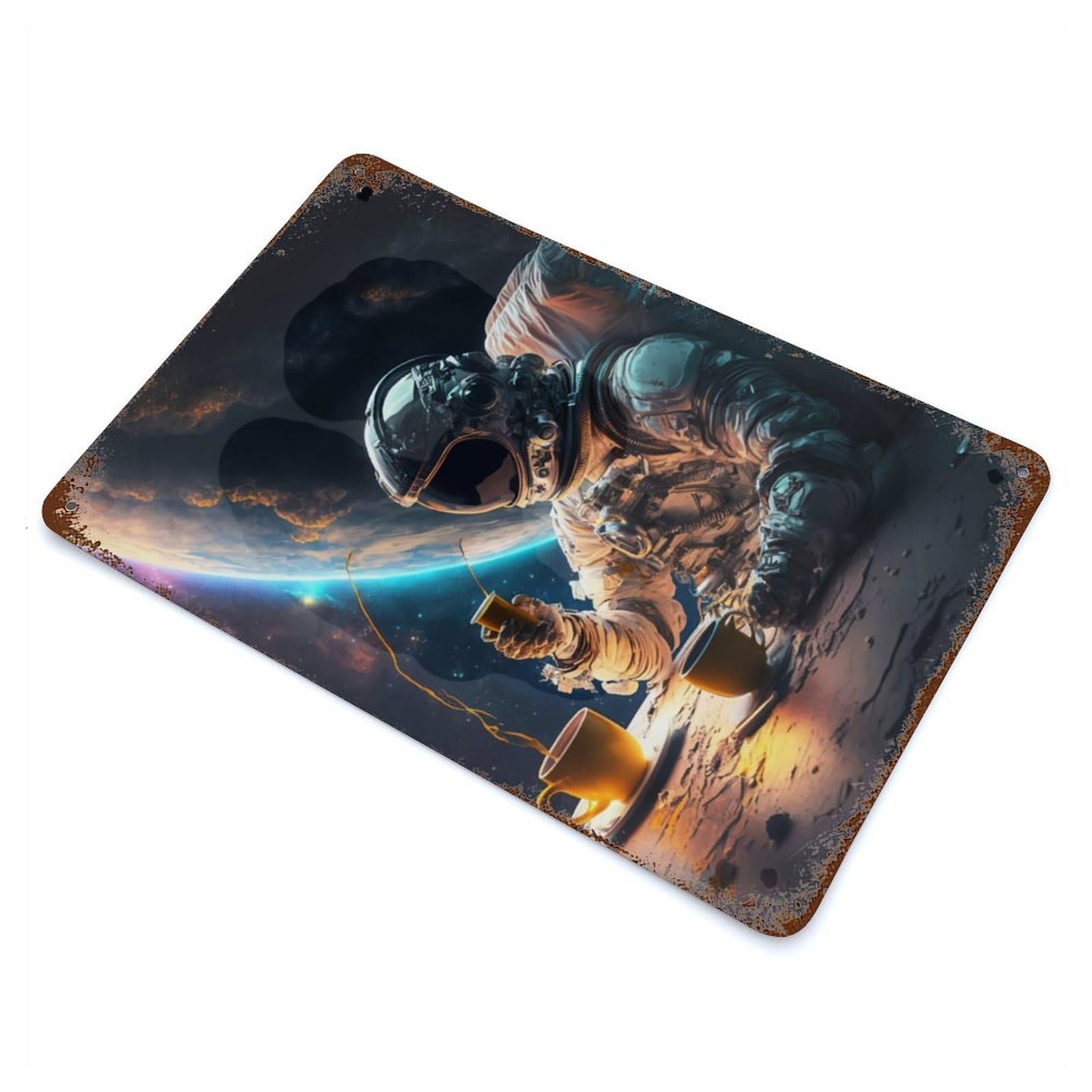 Garage Style Astronaut Coffee Vintage Rust Metal Sign 11.8"x7.9", Retro Wall Decor for Bar And Workshop