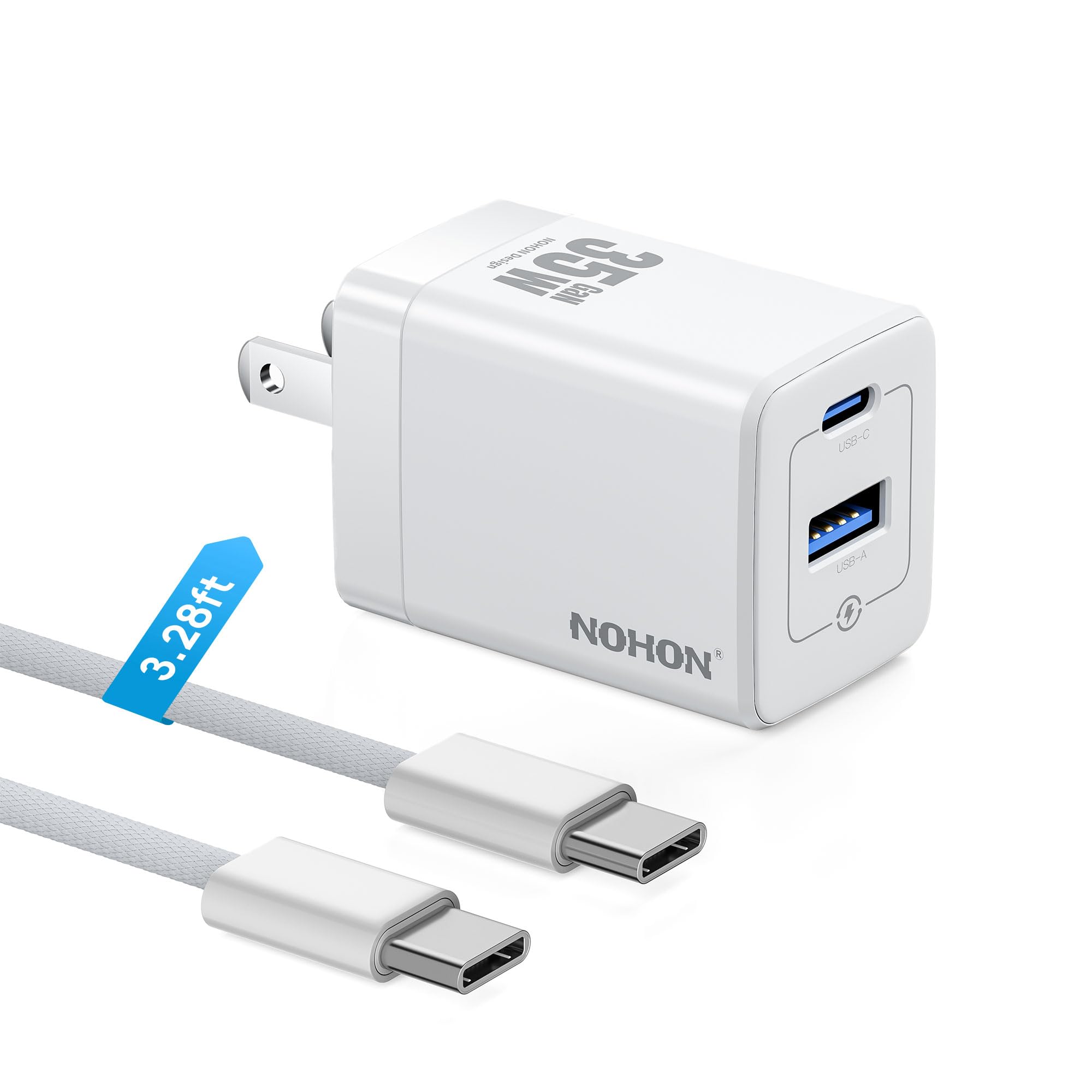 35W USB-C Wall Charger Block: NOHON GaN PD 3.0 Fast Charging Block, Foldable Compact Power Adapter with 3ft USB C to C Cable for iPhone 15/14/Pro Max/Plus/13/12 (White)