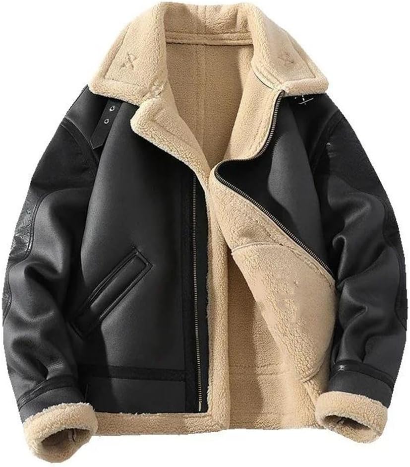 Men Leather Thick Jacket Warm Outwear Patchwork Faux Lamb Wool Fur Turn-Down Collar Coat