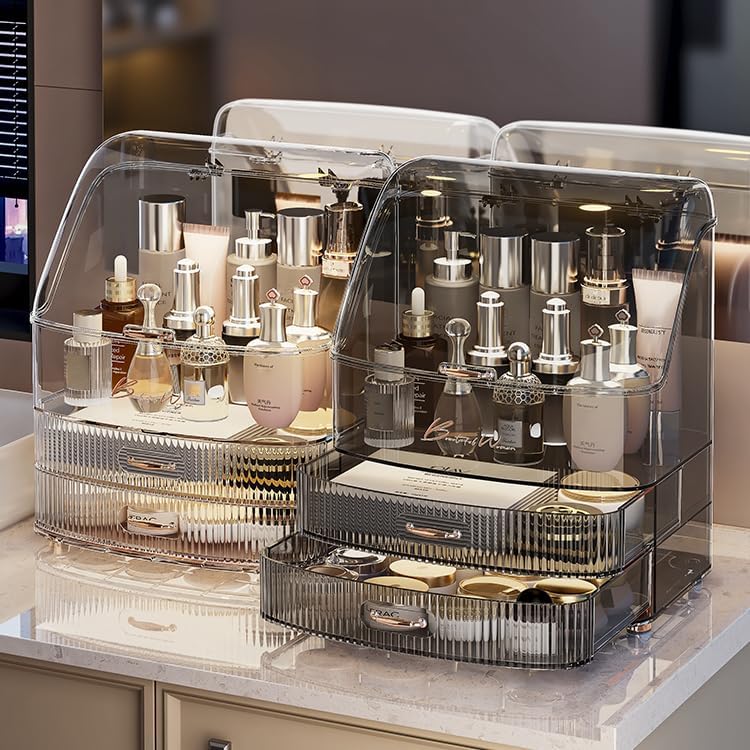 Miniatura 5 de Plukers Organizador de maquillaje para encimera de tocador con cajones de tapa transparente, impermeable y a prueba de polvo, cosméticos para el