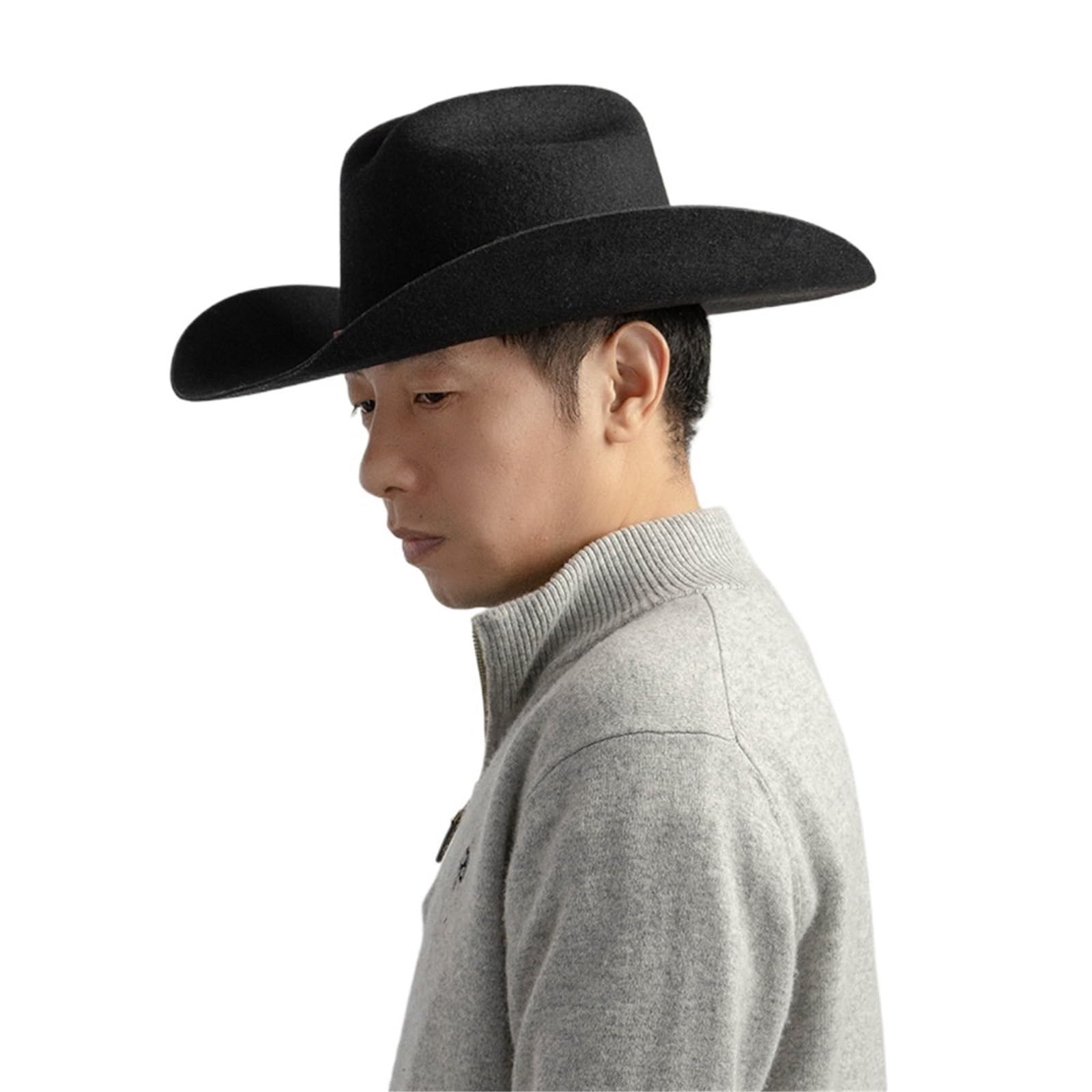 Cappello da Cowboy a Tesa Larga in Feltro di Lana for Primavera e Autunno con Fascia in Pelle Goffrata, Unisex, Fedora