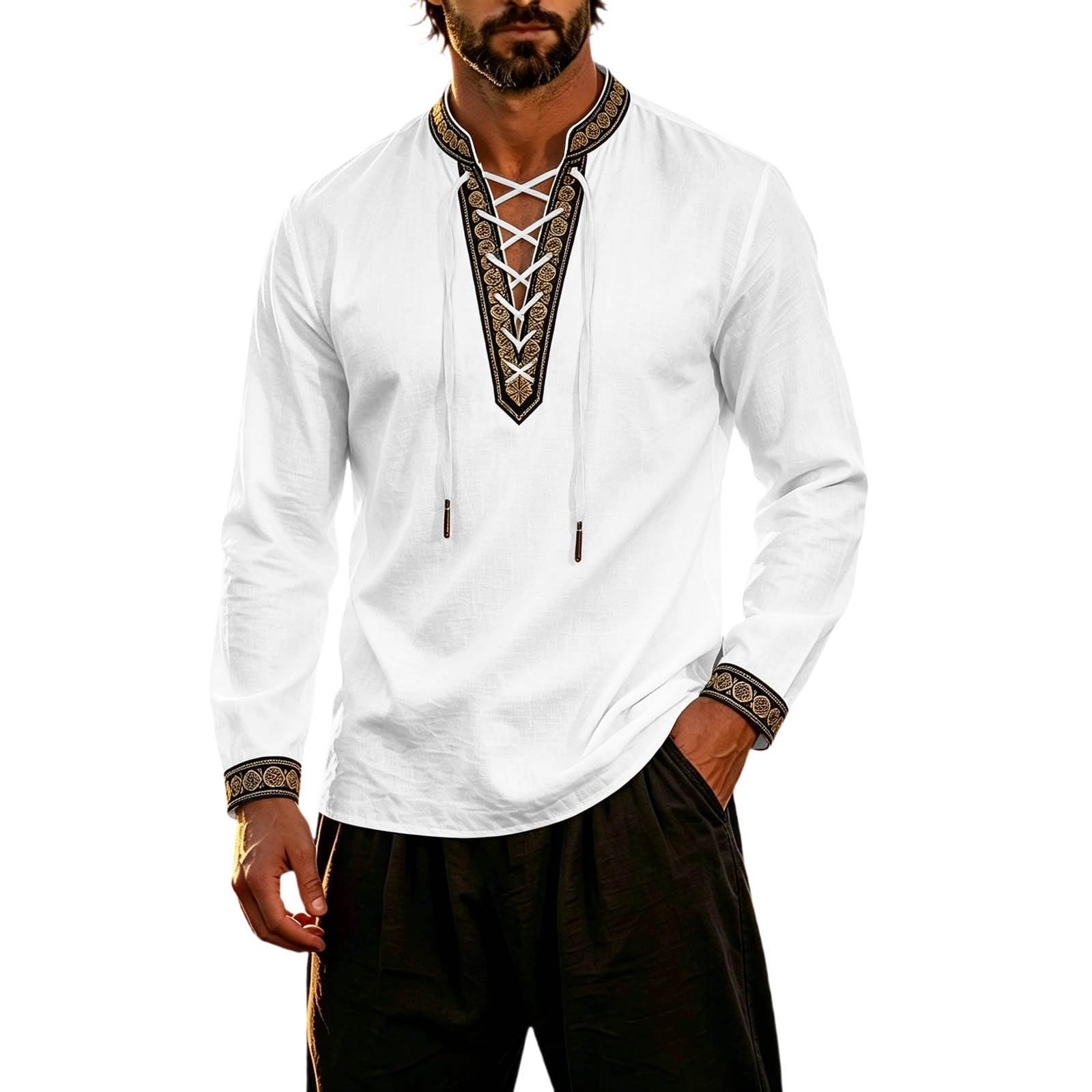 Classic Themed Men's Long Sleeve Shirt for Adventure Nautical Style Top with for Everyday Wear and Cosplay (e-White, XXL) โ image 1