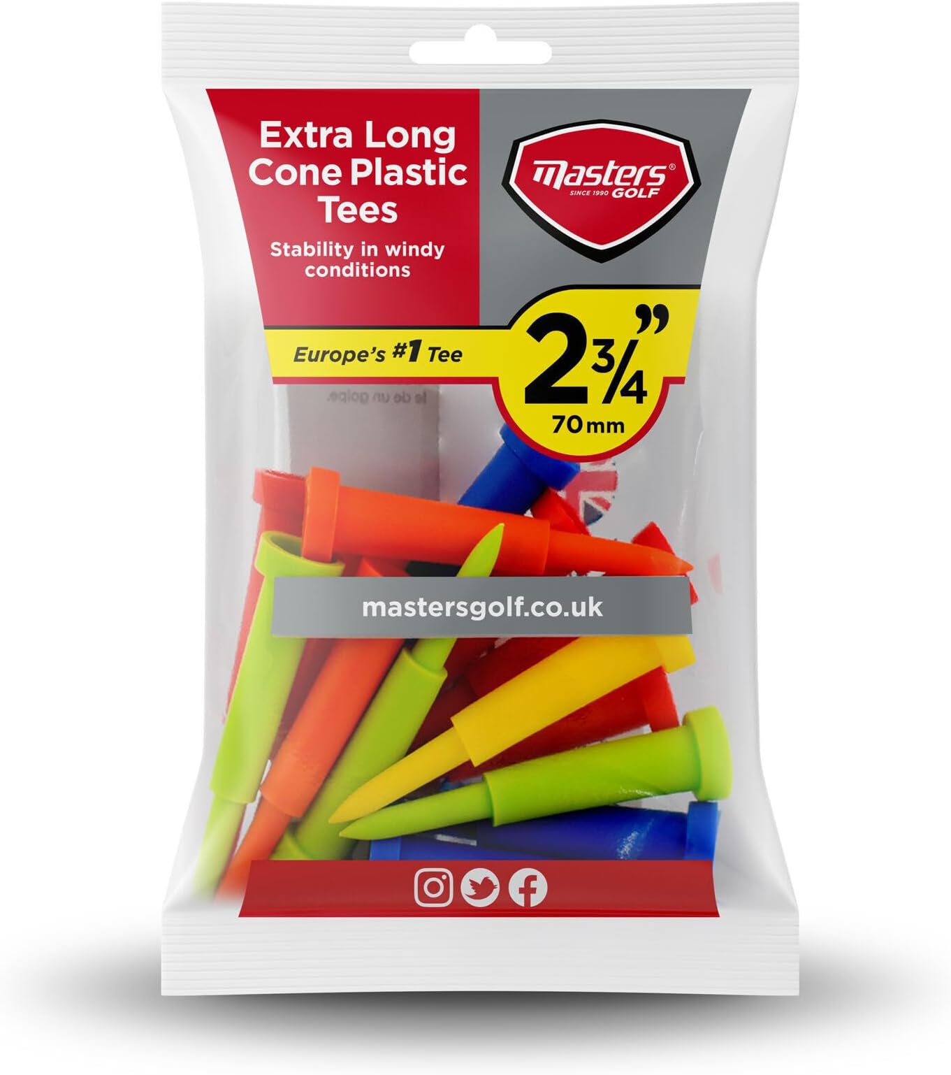"Masters Extra Long (70mm, 2 3/4"") Cone Plastic Tees For Extra Stability", multi-coloured, one size, TEP100