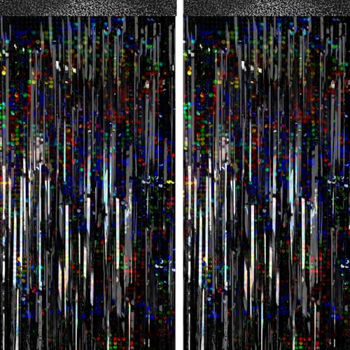 Image of 4 Packs Black Foil Fringe Curtain, Glitter Metallic Tinsel Backdrop for Birthday, Wedding, Bridal Shower, Halloween, Gold and Black Party Decorations Supplies