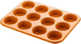 Copper Muffin Pan 12 Cups Non Stick Ceramic Coated Professional Healthy cupcake pans Even Baking, Dishwasher and Oven Safe