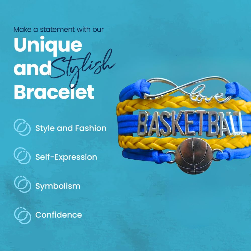 Infinity Collection - Adjustable Basketball & Infinity Charm Bracelet (Blue & Yellow) - Gift for Coach, Team and Players - Fits Small to Large Wrists
