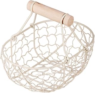 GUOXIANG Metalowy kosz dekoracyjny do kuchni, stojący, kosz druciany, kosz na owoce, vintage, mały kosz druciany, z praktycznymi drewnianymi uchwytami do noszenia, styl retro, koszyk na pieczywo, kosz na warzywa, koszyk na ciastka (beżowy)