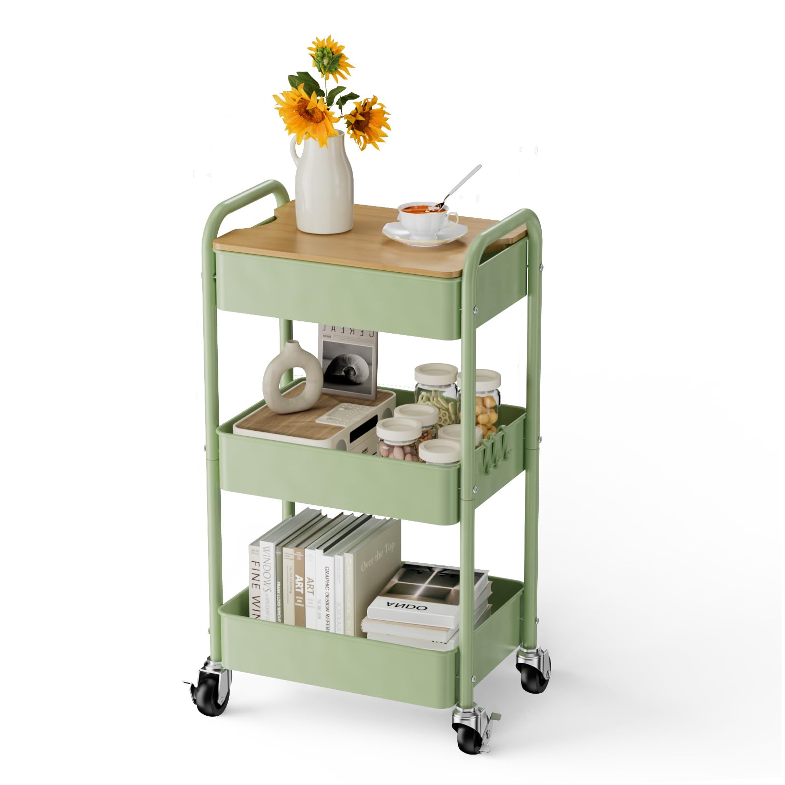 Chariot à 3 Niveaux avec Plateau de Table, Service Polyvalent en Métal, Étagère sur Roues, Organiseur de Cuisine Stable (Vert)