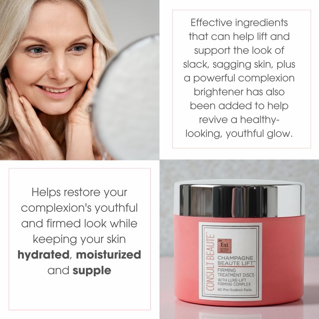 Consult Beaute - Champagne Lift Face Firming Treatment Pads - Rejuvenate Sagging Skin - Exfoliates and Smoothes Lines Wrinkles - Peptides, Glycolic Acid, Caviar Extract - Pre-Soaked Disc - 60 Count - Image 4