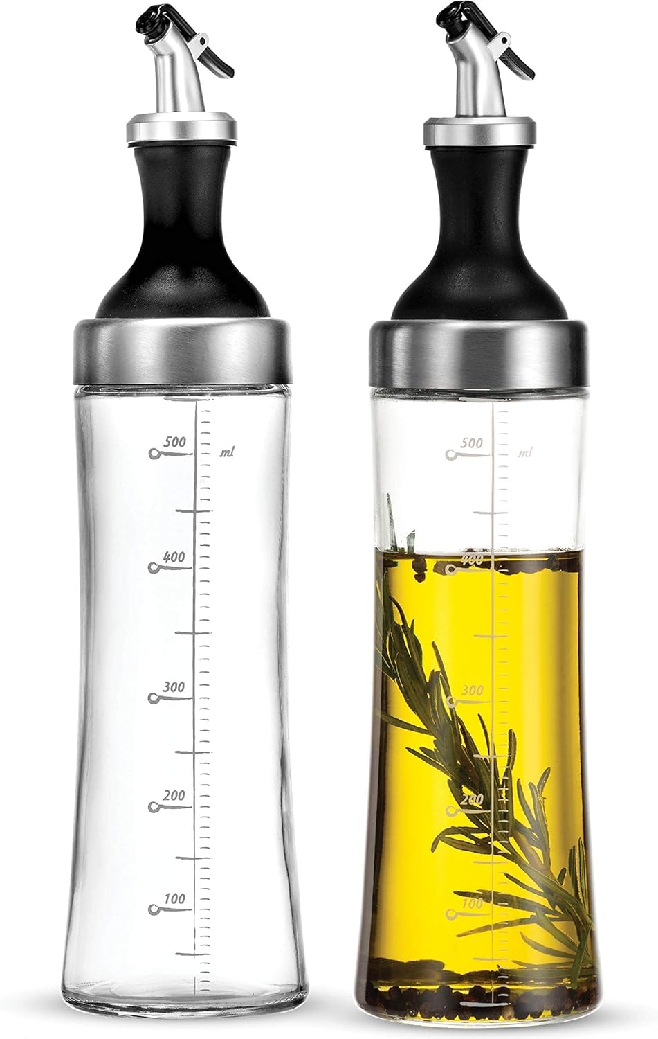 BREFR Olive Oil Dispenser Bottle, 2 Pcs Glass Oil and Vinegar Dispenser Set with 2 Stainless Steel Pourers, 17 Oz Glass Oil Bottle for Kitchen (500ml)