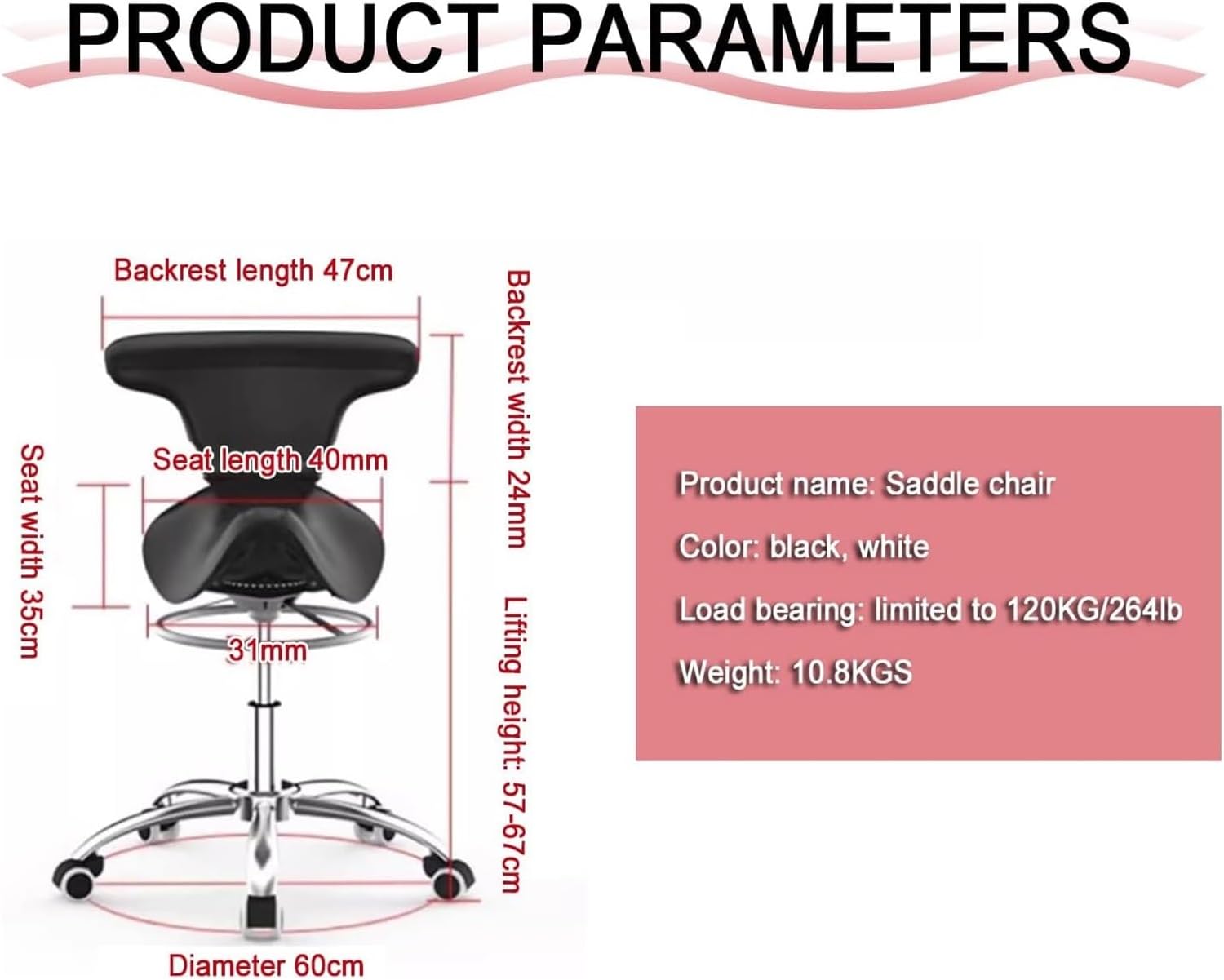 Rolling Saddle Stool PU Leather Swivel Adjustable Rolling Stool with Wheels Salon Chair，57-67cm Adjustable Height, 264lb Load Capacity
